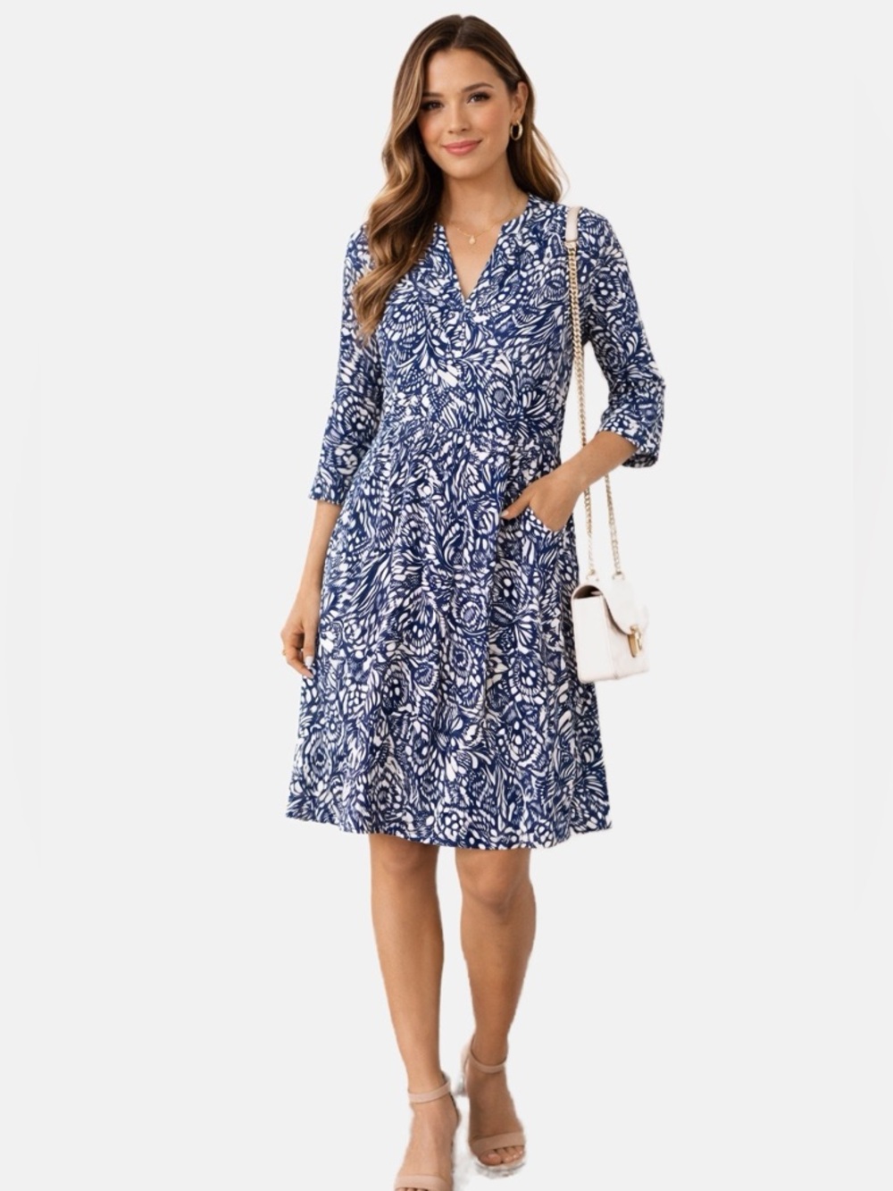 Rachel Zoe Blue White Abstract Print Tiered V-Neck Dress with Pockets XS NWOT